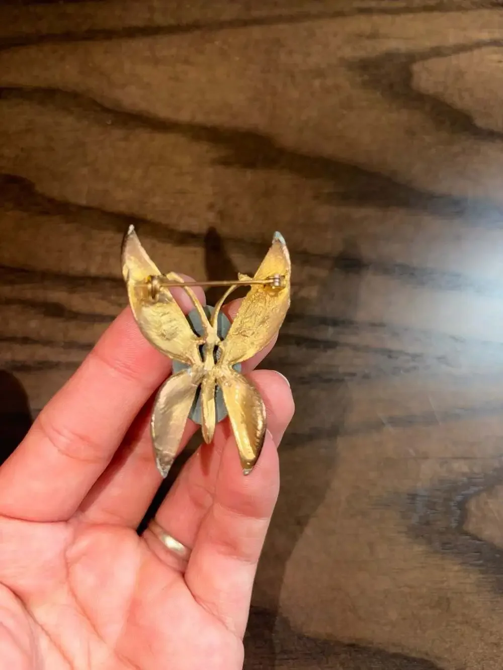 Vintage 1960s Gold Tone Butterfly Brooch with Nephrite Stone